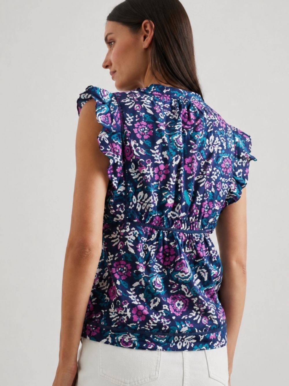Rails Misha Top Woodblock Floral Flutter Sleeve V Neck Eyelet Size XS - Picture 2 of 10